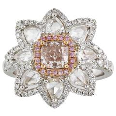 .74 carat Pink Diamond with Rose Cut Diamonds Halo Two Color Gold Ring