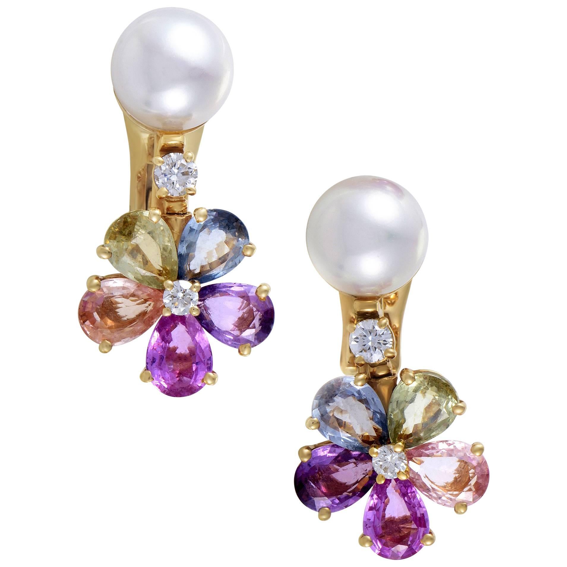 Bulgari Pearl Sapphire Diamond Gold Flower Earrings