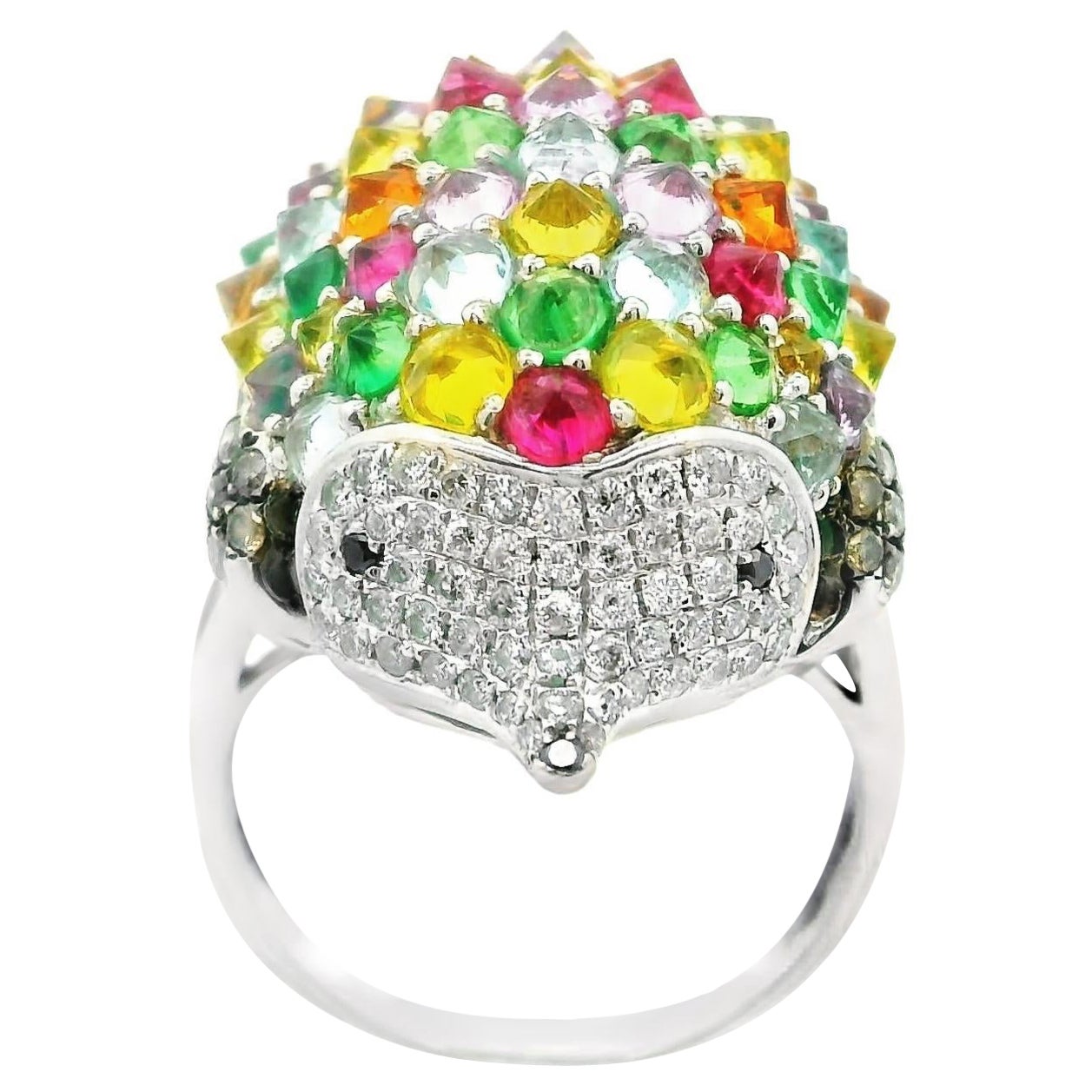 Multi-Color Gemstone Diamond 18K White Gold Hedgehog Ring