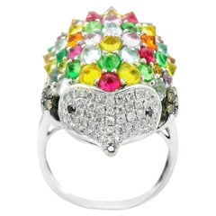 Multi-Color Gemstone Diamond 18K White Gold Hedgehog Ring