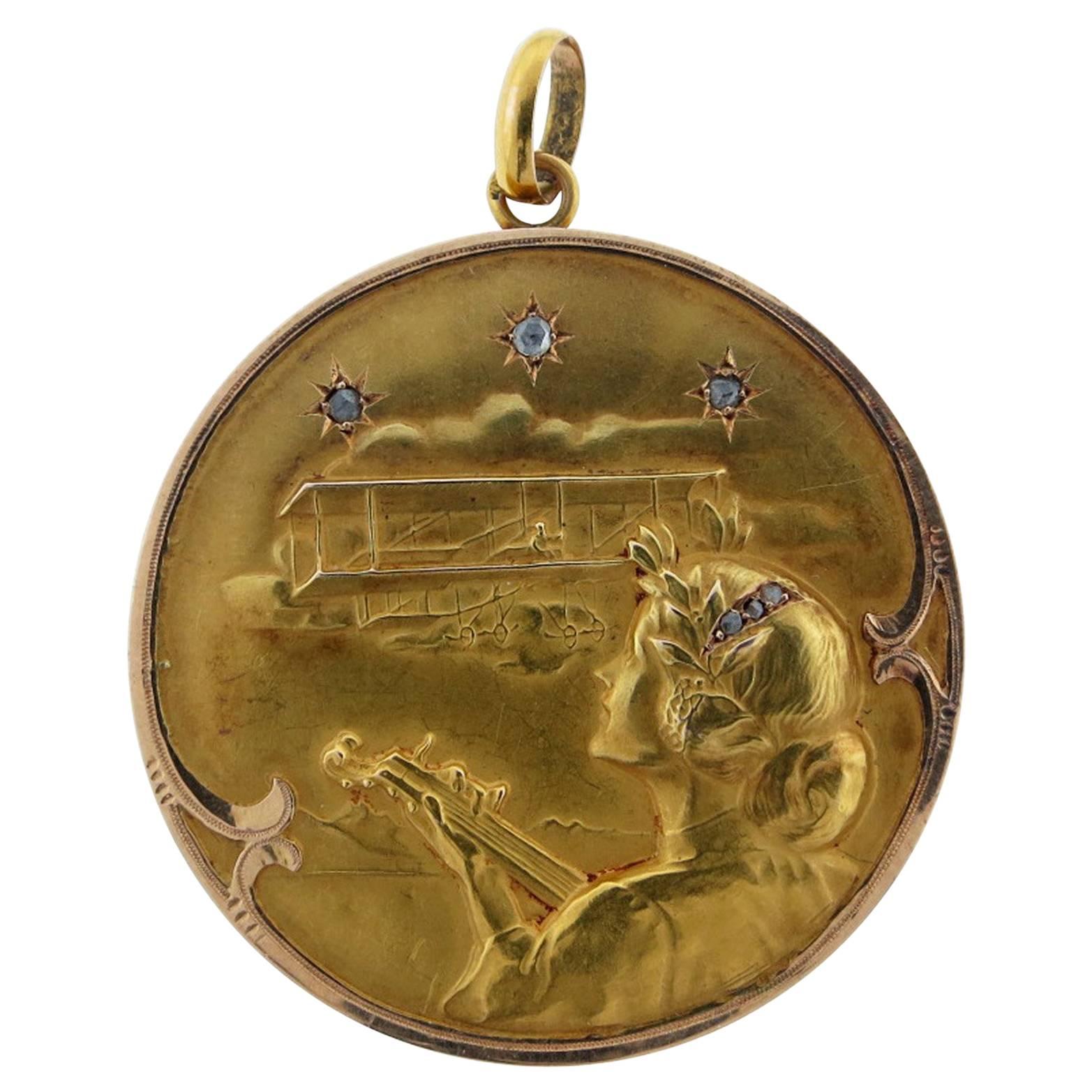  Rare Antique French Gold Locket Depicting the Wright Brothers Arrival In Paris 