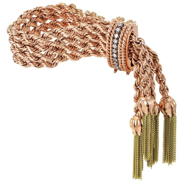 Diamond Three Color Gold Tassel Bracelet at 1stDibs