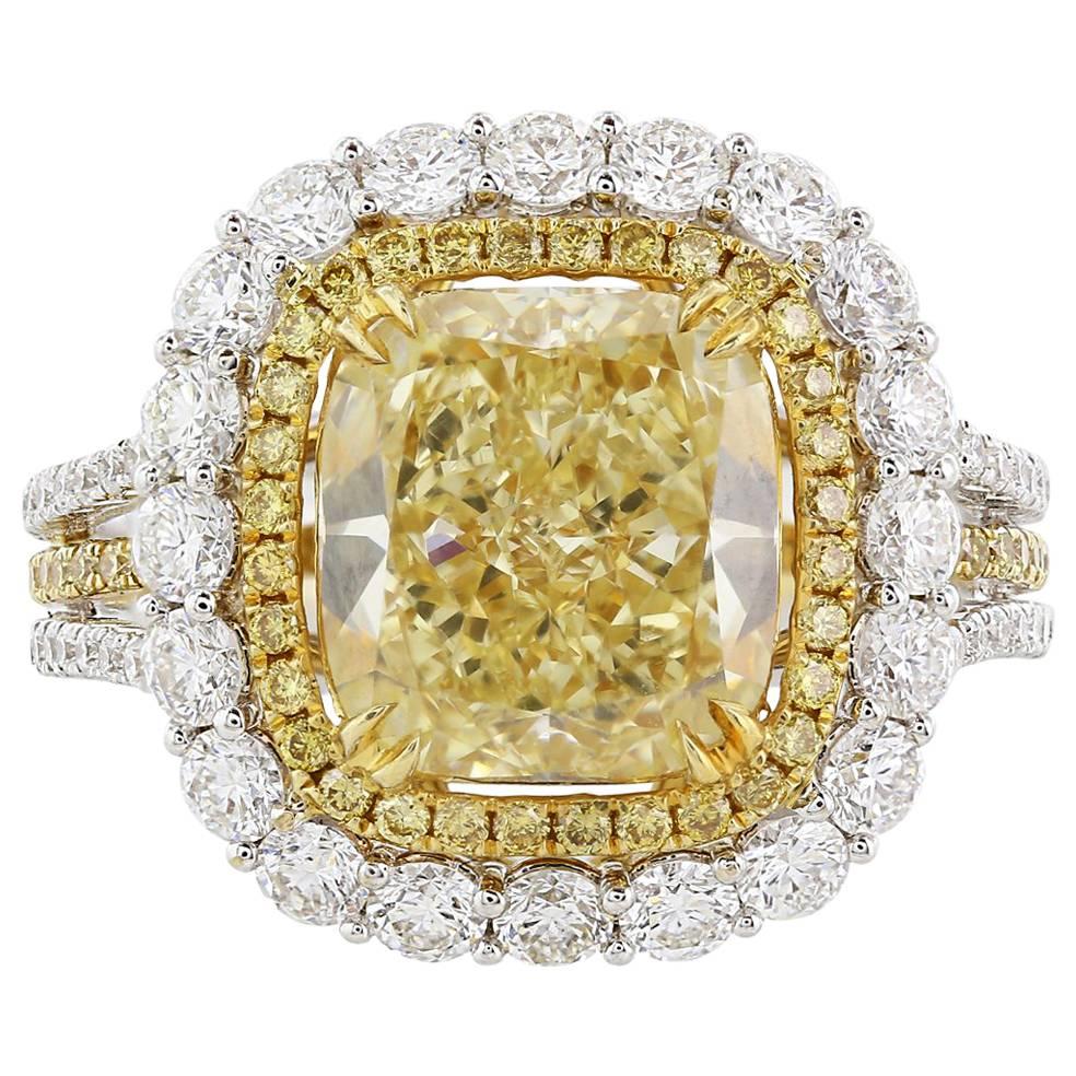 GIA Certified 3.66 Radiant Cut Fancy Yellow Diamond Gold Ring For Sale