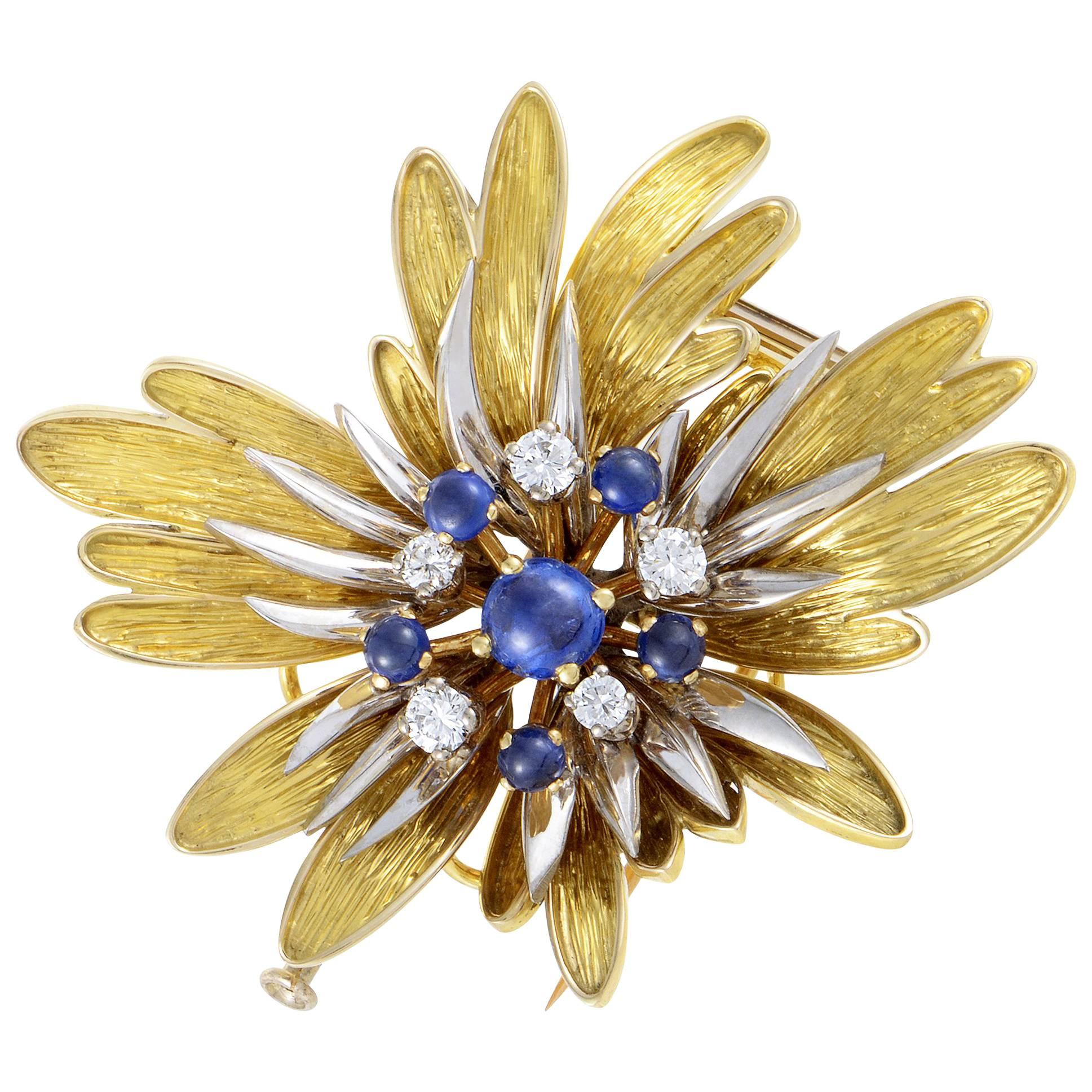 Sapphire Diamond Two Color Gold Floral Brooch