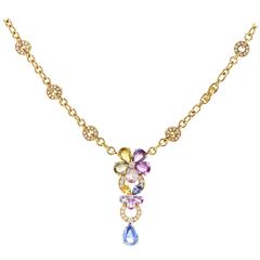 Bulgari Sapphire Diamond Gold Flower Pendant Necklace