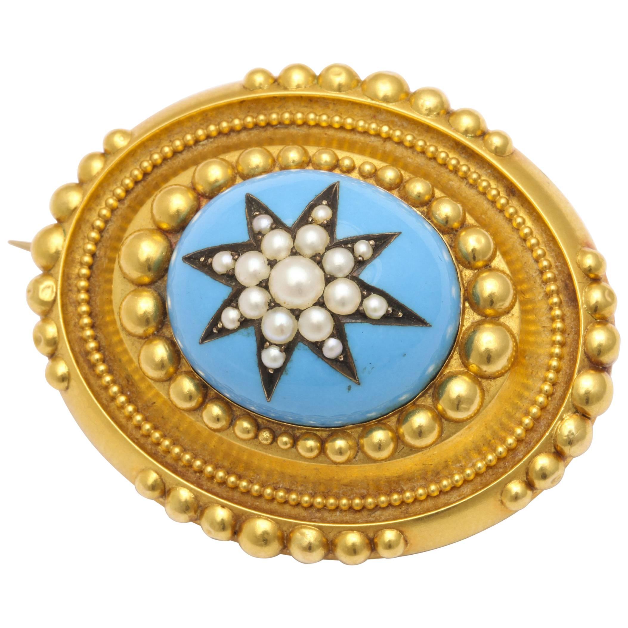 Antique Victorian Pearl Star Turquoise Enamel Gold Brooch or Pendant For Sale