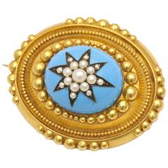 Antique Victorian Pearl Star Turquoise enamel gold brooch 2