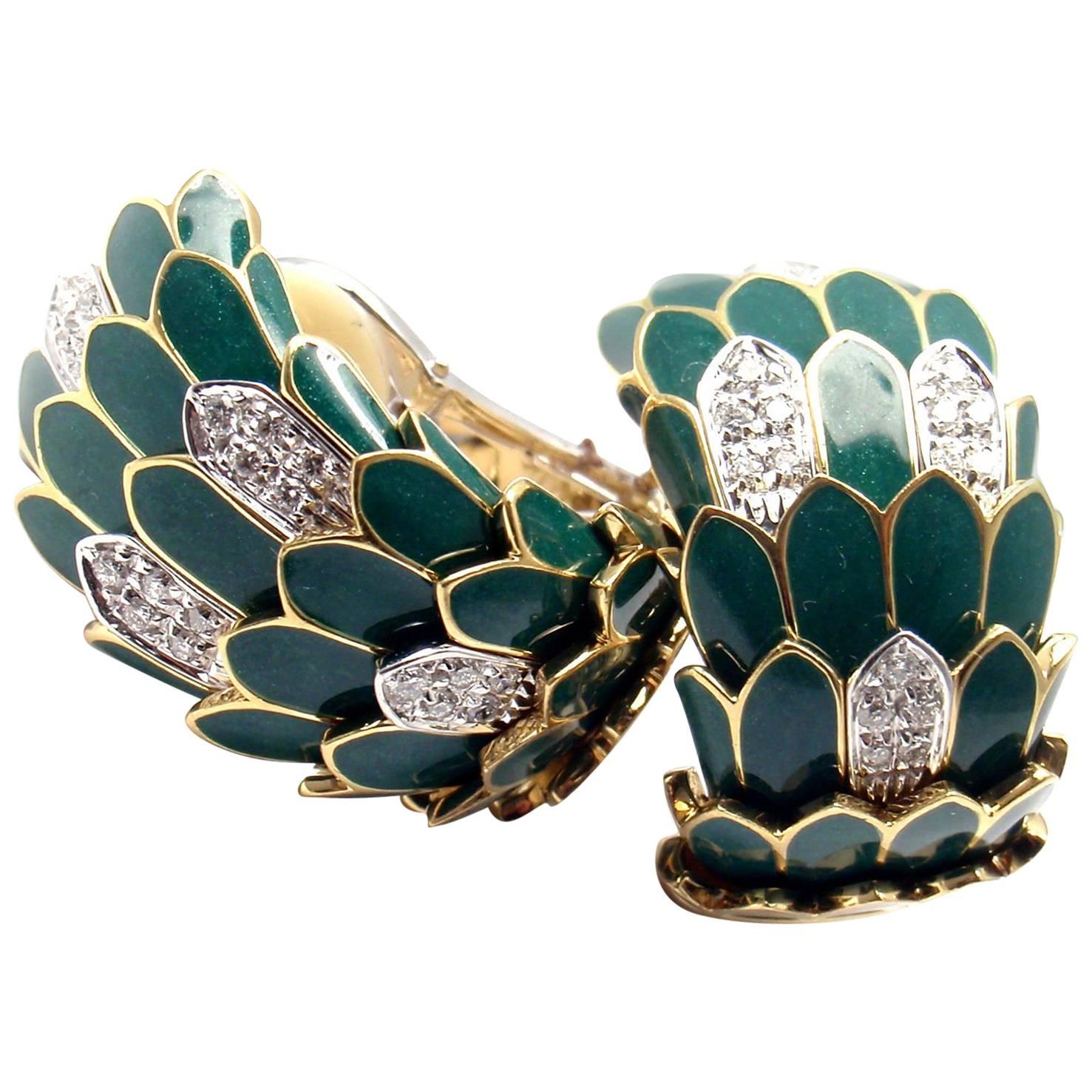 Roberto Coin Cobra Animelier Green Enamel Diamond Rose Gold Earrings