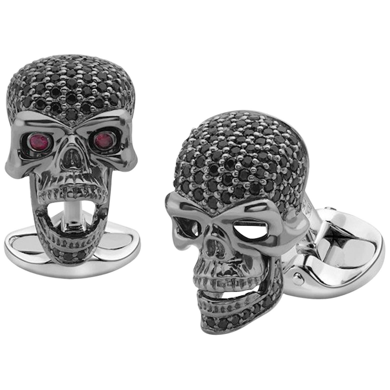 Deakin & Francis Sterling Silver Black Spinel Skull Cufflinks