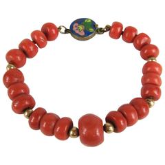 Early Natural GIA Mediterranean Coral Gold Beaded Bracelet with Enamel Clasp 2
