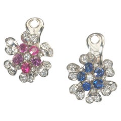 Vintage Sapphire, Ruby, Diamond and Platinum Flower Earrings