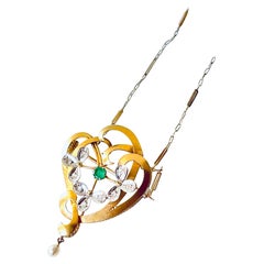 Art Nouveau 18K Gold Diamond Emerald Natural Pearl Brooch Pendant Necklace 