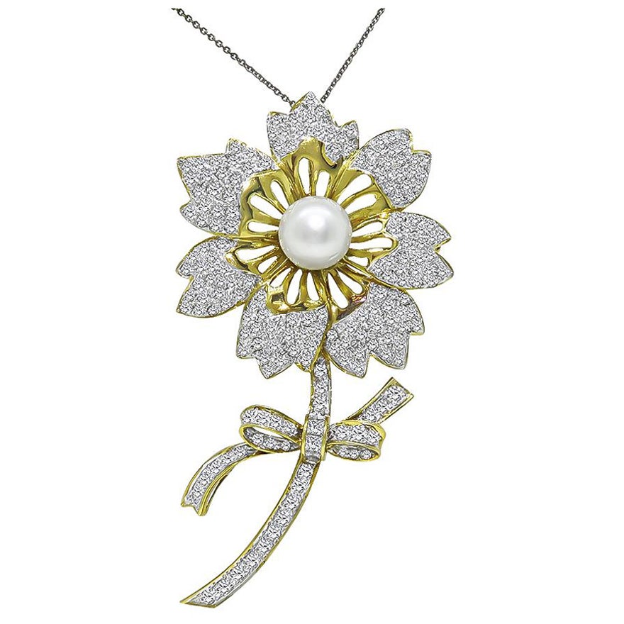 Pendentif fleur en or avec perle des mers du sud et diamant de 7.00ct