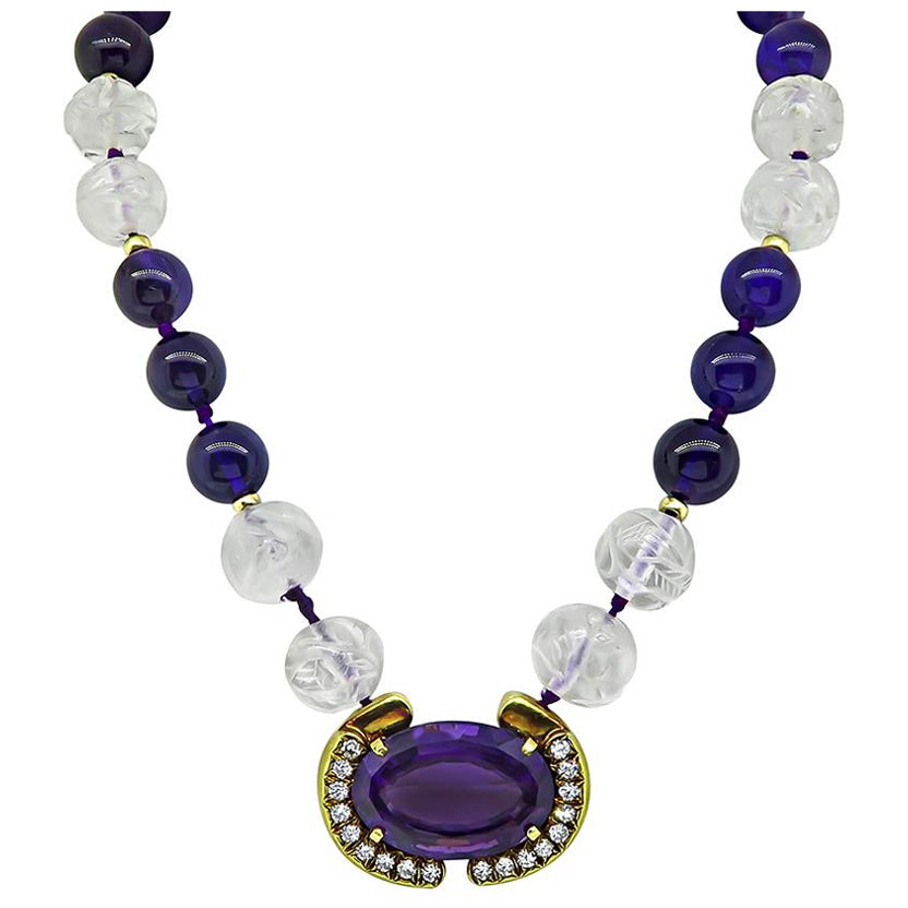 1970s A. Cipullo 100.00ct Amethyst 2.50ct Diamond Crystal Necklace