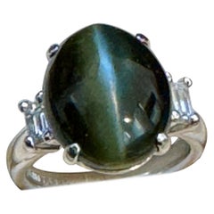 Vintage  7.68 Ct Blue Green Cat's Eye Tourmaline Cocktail Ring with Diamonds in Platinum