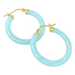 Vintage 10K Yellow Gold 4mm Green Jade Womens Elegant Gemstone Hoop Earrings 1.25"