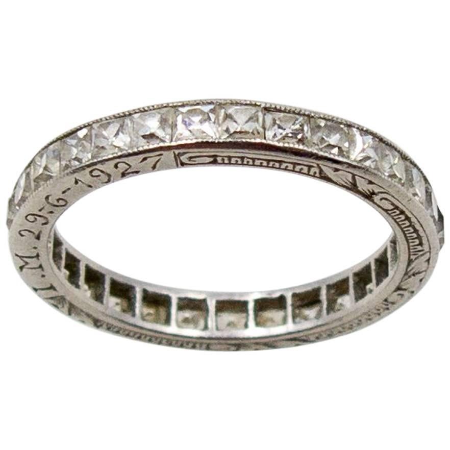 1927 Elegant Art Deco French Cut Diamond Platinum Wedding Band Ring