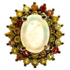 Bague neuve en plaqué or blanc, opale et saphirs multicolores, taille 6,75