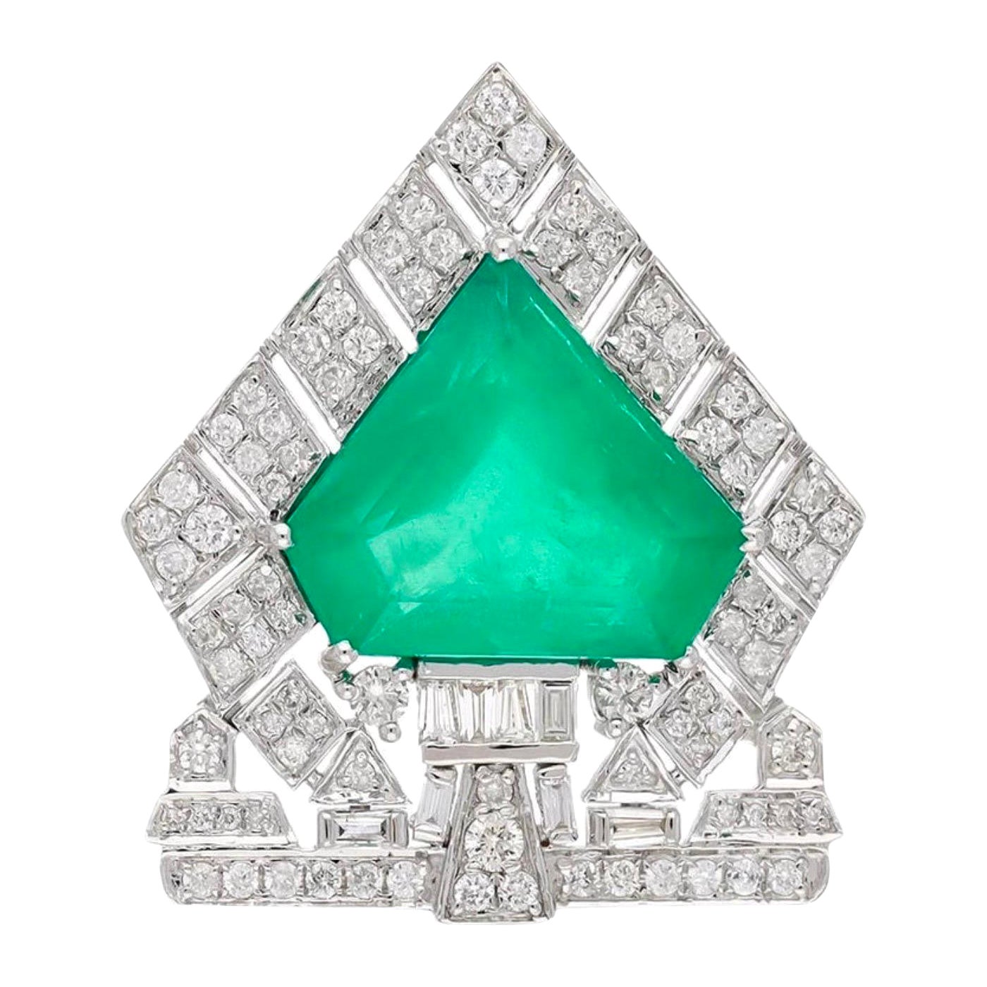 Esmeralda natural de 7 qt  1 Ct Diamante talla brillante Broche / Alfiler 18 Kt  Oro blanco