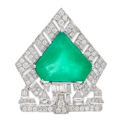 7 Ct Natural Emerald  1 Ct Brilliant cut Diamond Brooch /Pin 18 Kt  White Gold