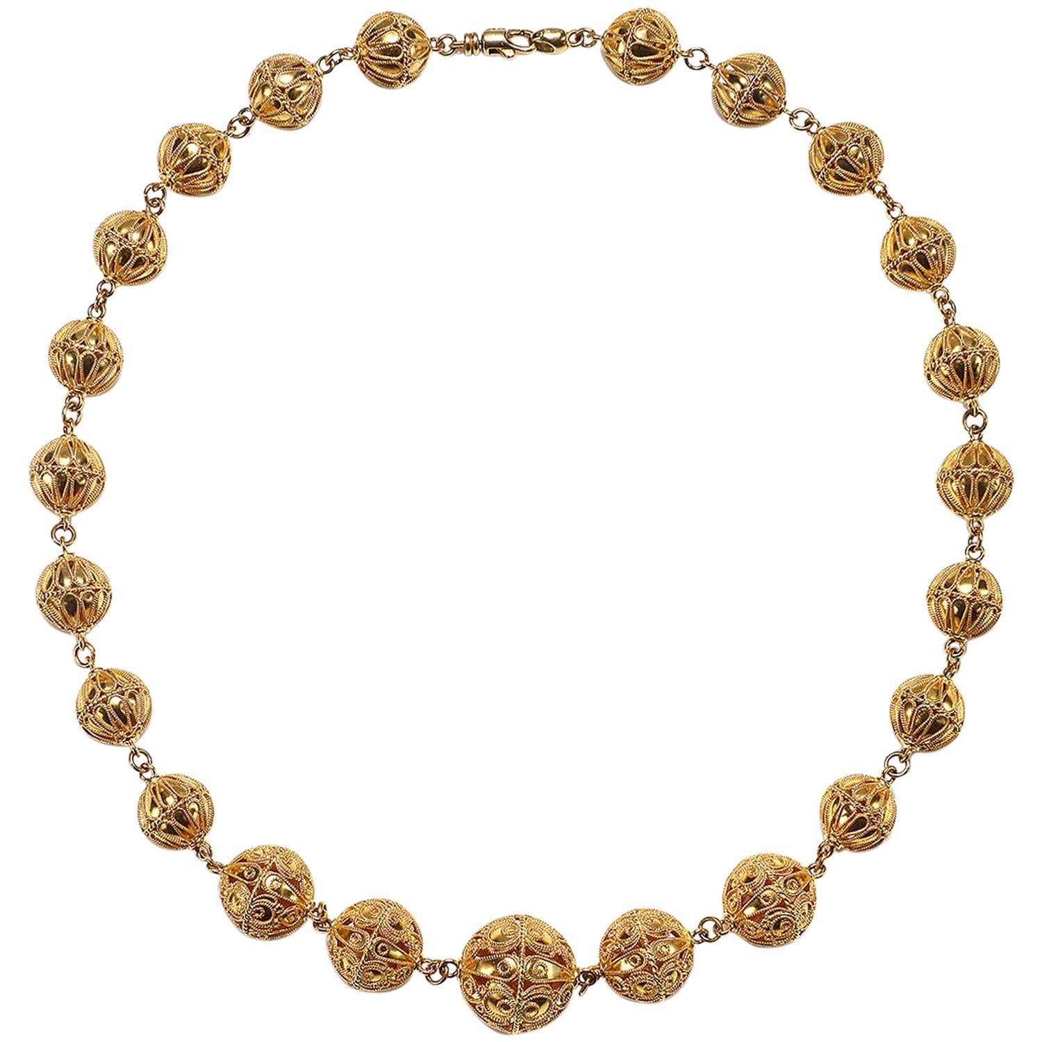 14 Karat Gold Filigree Bead Necklace