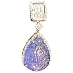 35.40 Ct Carved Tanzanite & 2Ct Diamond Hanging Drop Earring 18 Karat White Gold