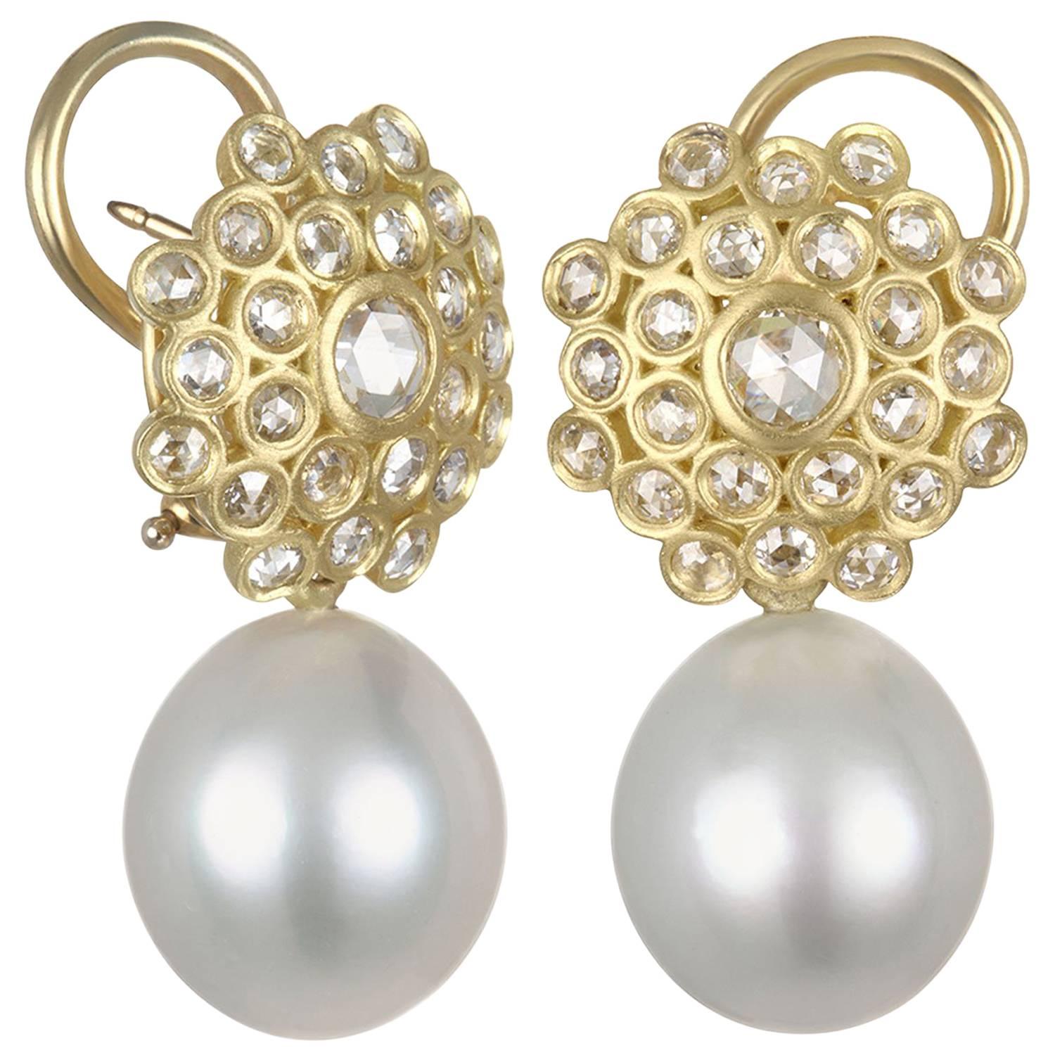 Faye Kim White South Sea Pearl Rose Cut Diamond Gold Zinnia Drop Earrings