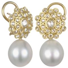 Faye Kim White South Sea Pearl Rose Cut Diamond Gold Zinnia Drop Earrings