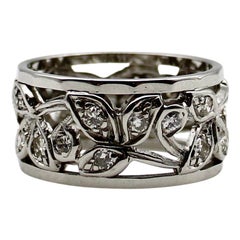 Vintage 14K White Gold Foliate Diamond Ring with Reticulated Leaves 