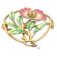 Broche fleur Art nouveau en or 15 carats, émail et perles naturelles