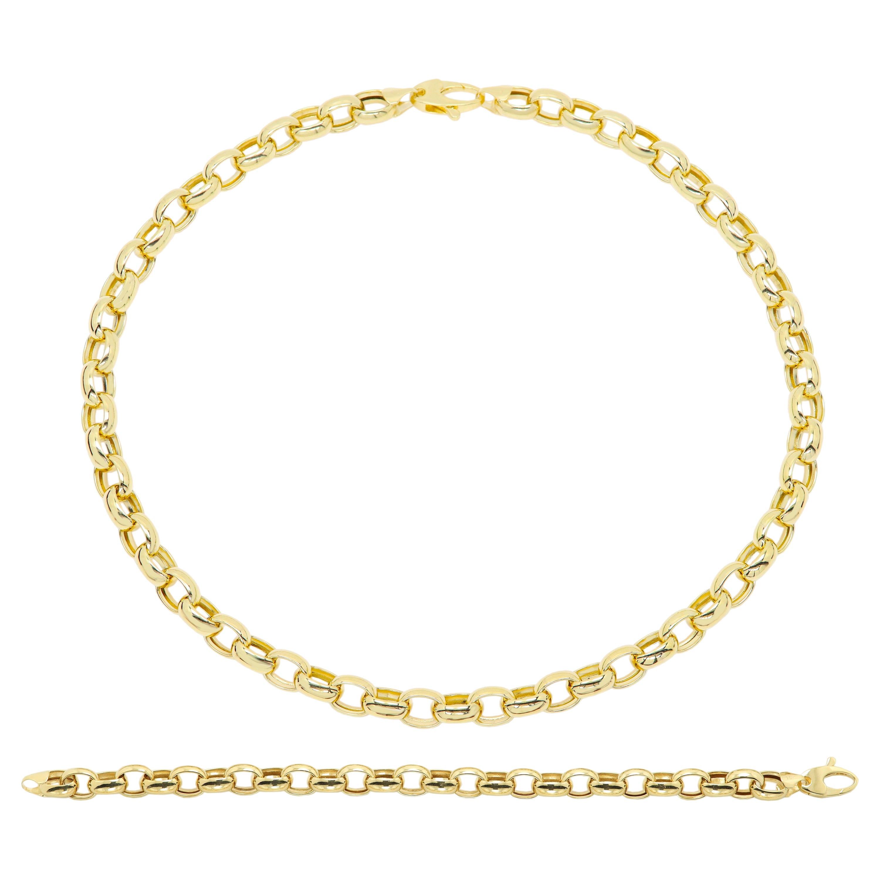 Rolo Style Gliederkette
Set aus Halskette und Armband
Echtes 14k Gelbgold 
Ungefähr. Gewicht: 22,0 Gramm für die Halskette und 10,0 Gramm für das Armband
(das Gesamtgewicht beträgt 32 Gramm)
Die einzelnen Glieder sind ca. 9 x 8 mm groß und 3,0 mm