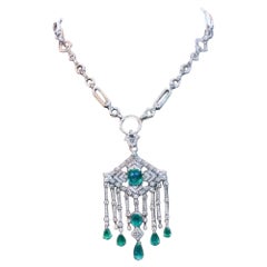 AIG Certified 18.00 Cts Diamonds 9.00 Cts Zambian Emeralds 18K ART DECO Necklace