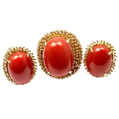 Ox Blood Coral Gold Ring And Earrings Set