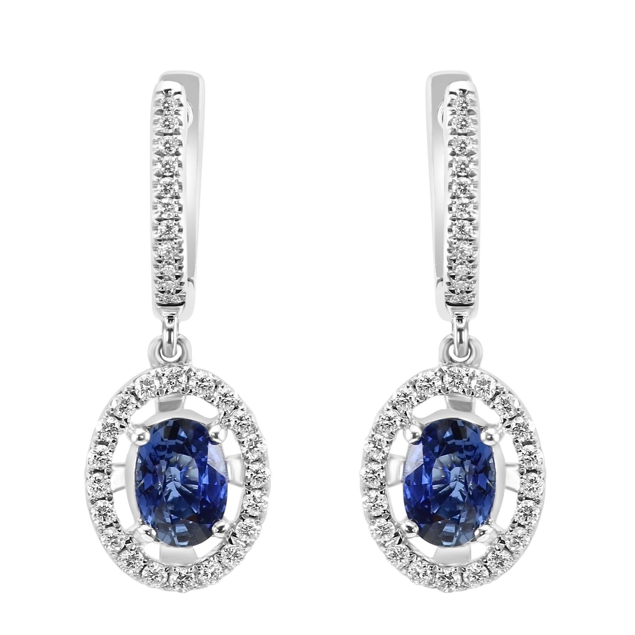 Blue Sapphire Oval & White Diamond Round 18K White Gold Fashion Dangle Earring