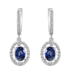 Blue Sapphire Oval & White Diamond Round 18K White Gold Fashion Dangle Earring