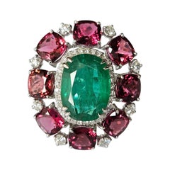 Set in 18K Gold, 5.67 carats Zambian Emerald, Tourmaline & Diamond Cocktail Ring