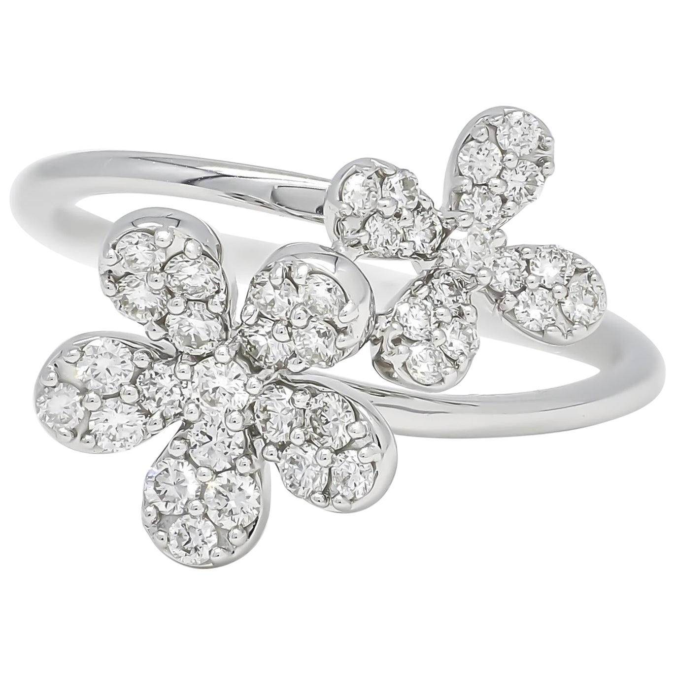 Natural Diamond 0.56 cts 18KT White Gold Two Flower Statement Ring For Sale