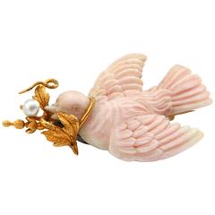 Antique 1890s Victorian Coral Gold Dove Brooch