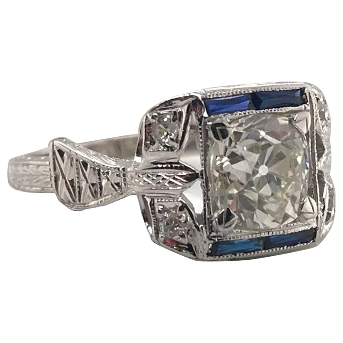 Art Deco 1.44 Carat Old Mine Cut Diamond & Sapphire Engagement Ring