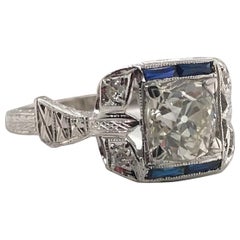 Antique Art Deco 1.44 Carat Old Mine Cut Diamond & Sapphire Engagement Ring