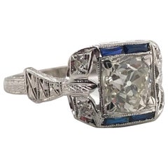 Art Deco 1.44 Carat Old Mine Cut Diamond & Sapphire Engagement Ring