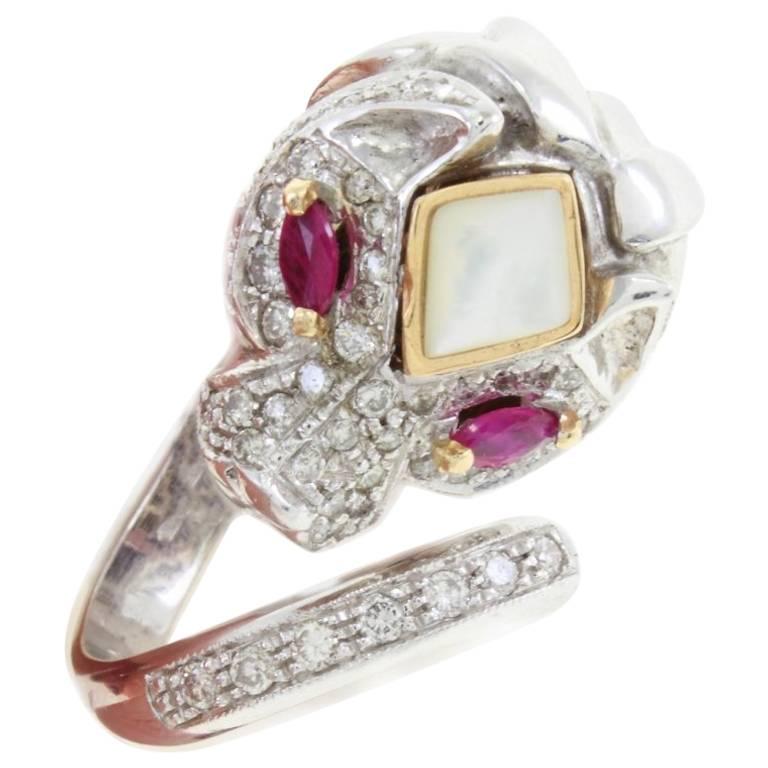 Stylized Ruby Diamond Gold Lion Ring For Sale