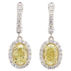 Pendants d'oreilles en or jaune naturel certifié GIA, avec diamants ovales de 3,78 carats poids total
