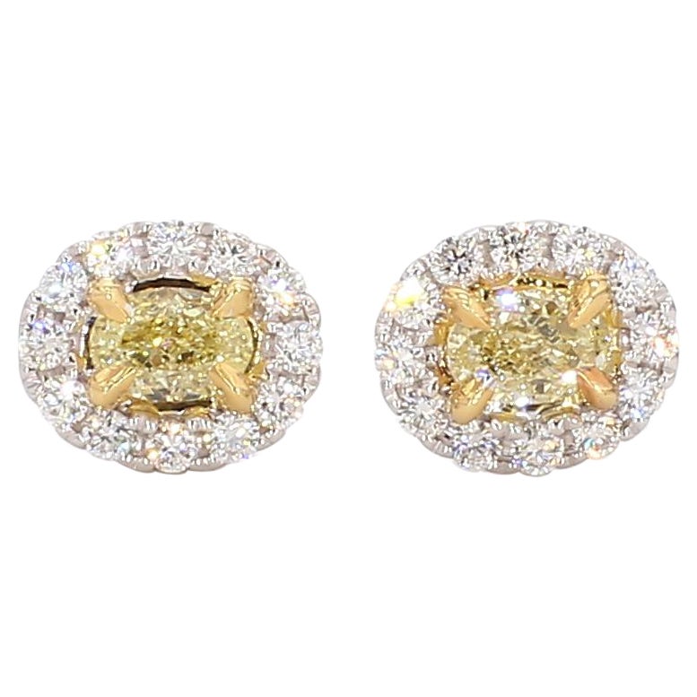 Natural Yellow Oval Diamond 0.91 Carat TW Gold Stud Earrings For Sale