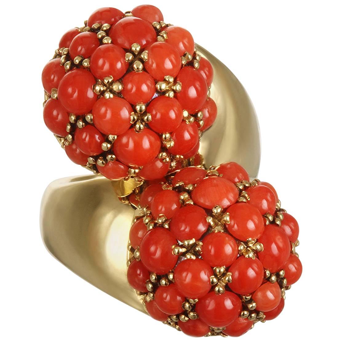 18k Gold Red Coral Gold Bypass Ring For Sale