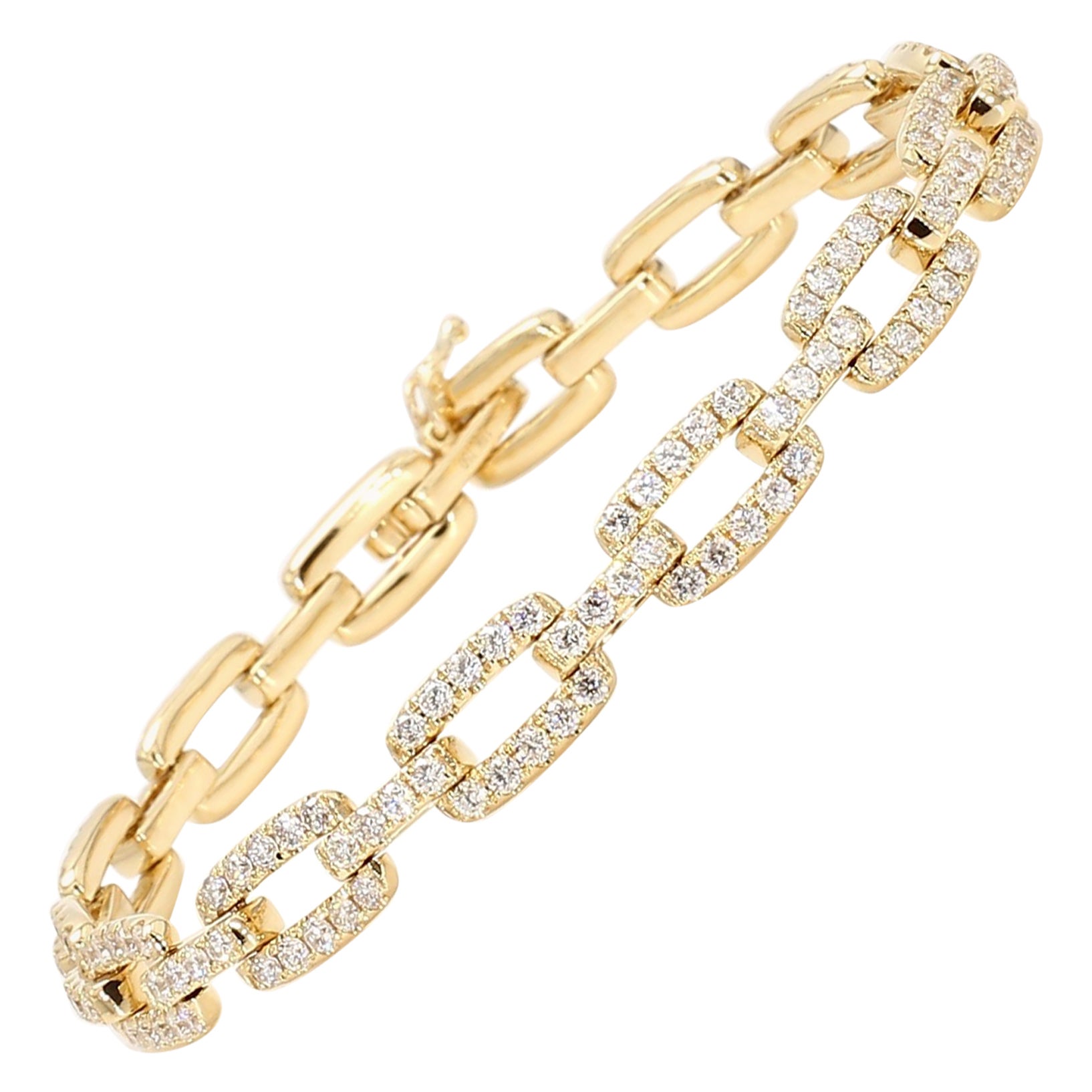 Natural White Round Diamond 3.24 Carat TW Yellow Gold Link Bracelet