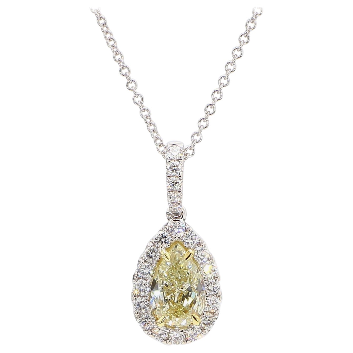 GIA Certified Natural Yellow Pear Diamond 1.30 Carat TW Gold Drop Pendant