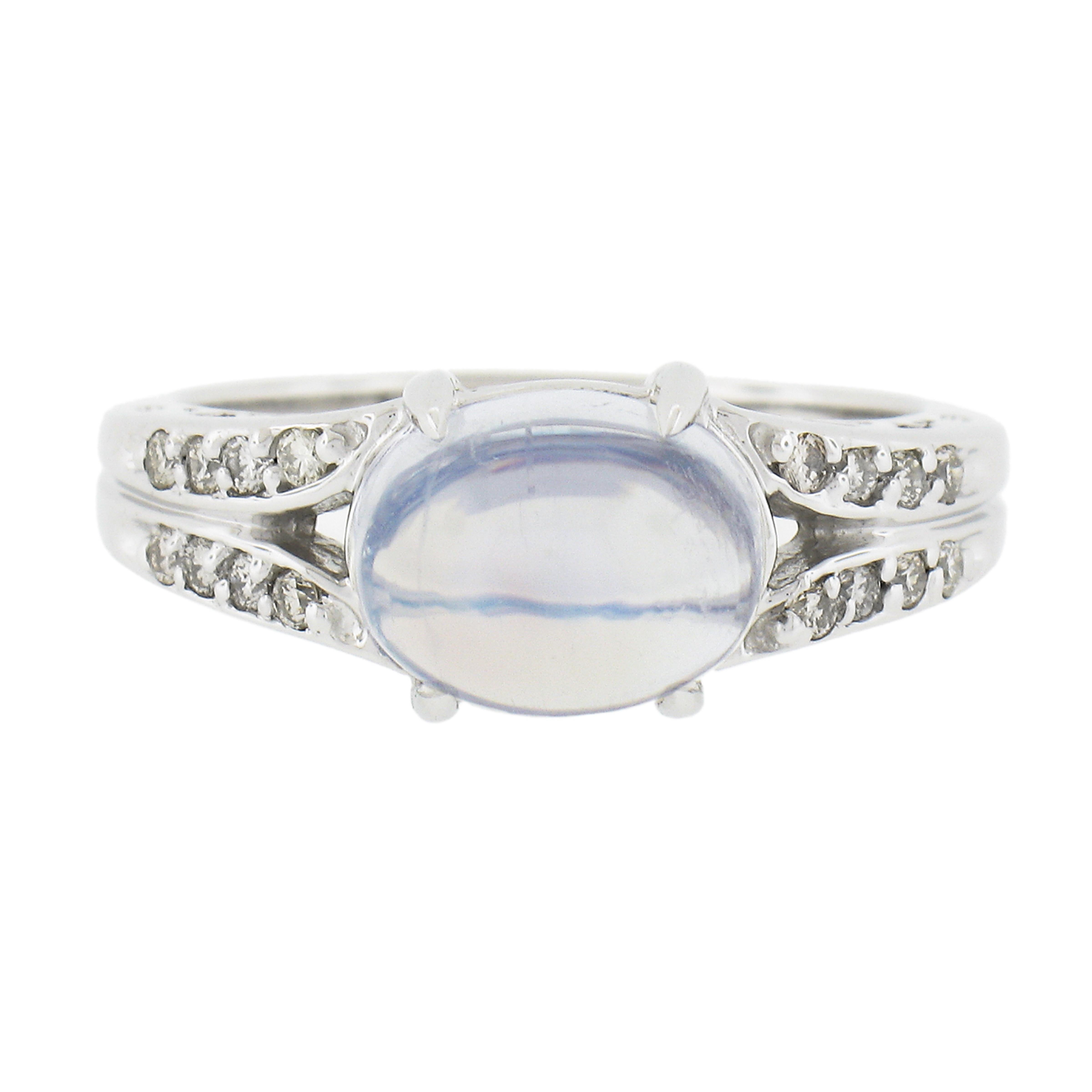 14k White Gold 3.54ctw Gorgeous Oval Cabochon Cut Blue Moonstone & Diamonds Ring