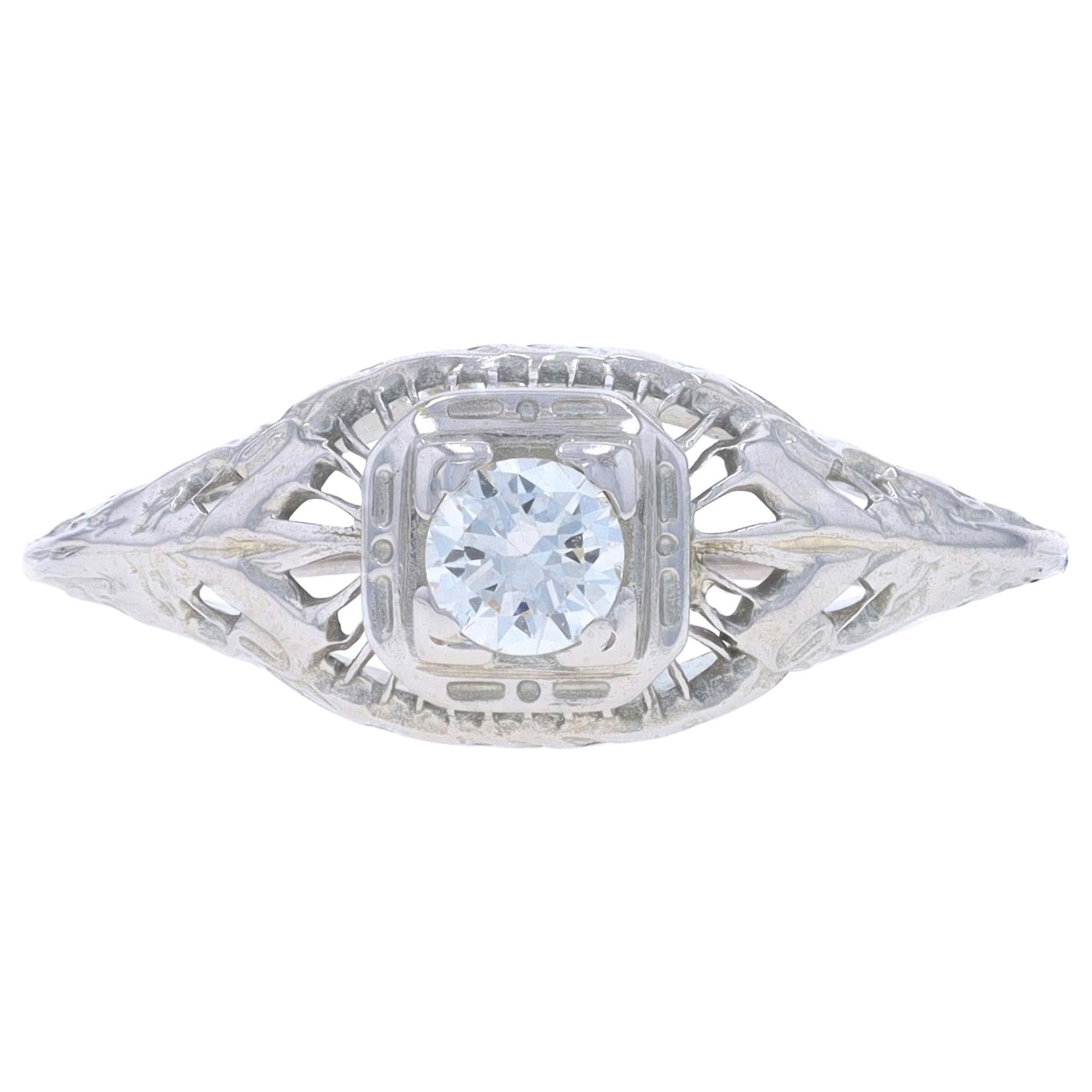 White Gold Diamond Art Deco Solitaire Engagement Ring 14k Transitional Rnd .22ct