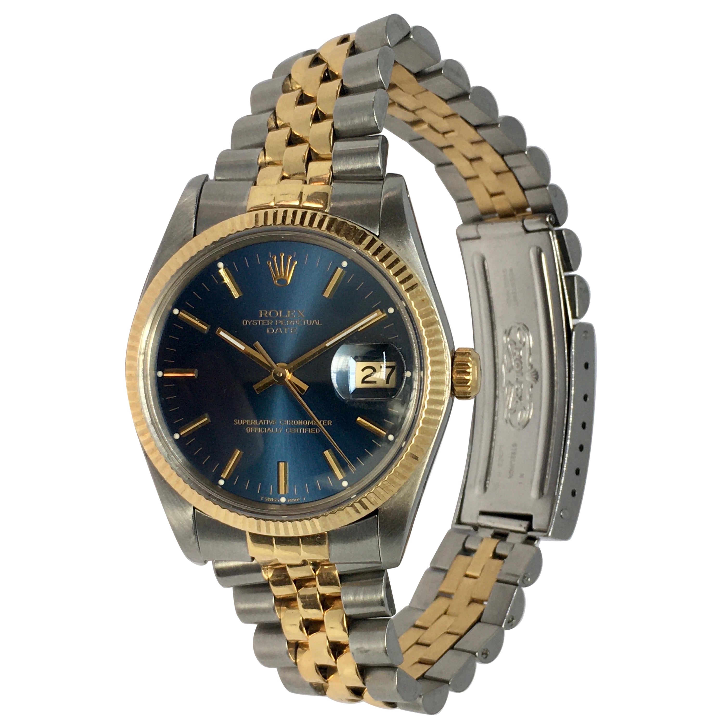Rolex Men's Blue Date Two-Tone 14K Gold Ref 15003 Quickset 34 mm All Factory